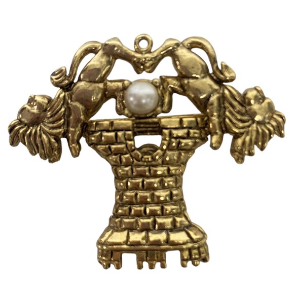 Vintage Art Deco Gold tone Lion on a Tower with Faux Pearl Brooch Pin Pendant - Picture 1 of 5